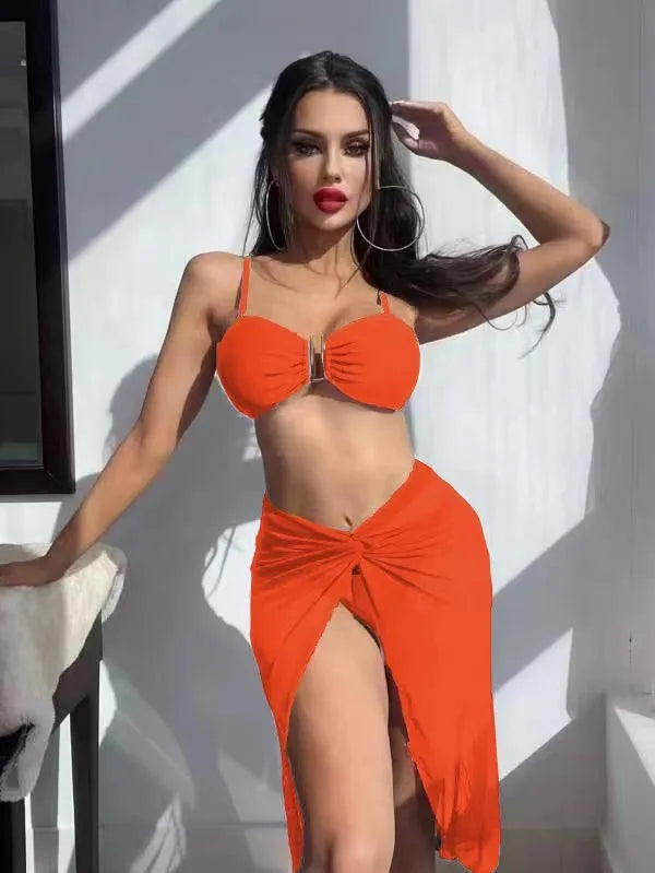 Women's multicolour French-style bikini three-piece set with long culotte design