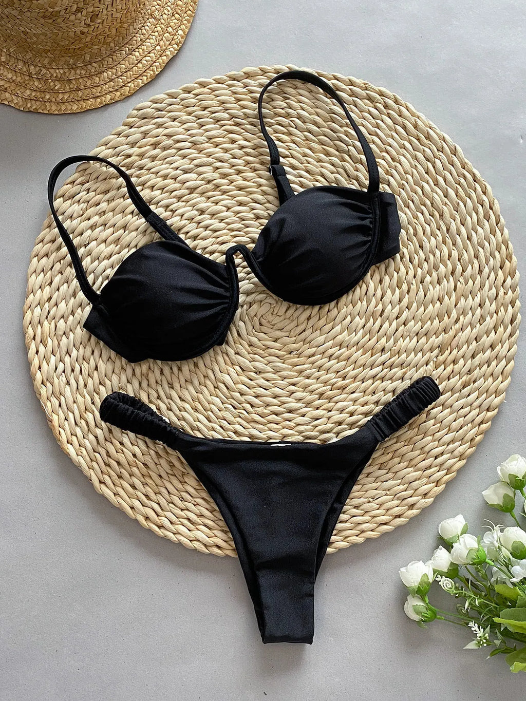 Women's khaki underwire bikini swimsuit with split briefs on a white background.