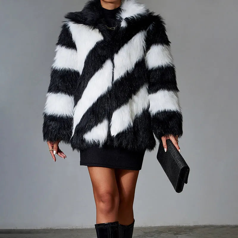 Faux fur coat with contrast lapel and detachable fur collar in shown colour.