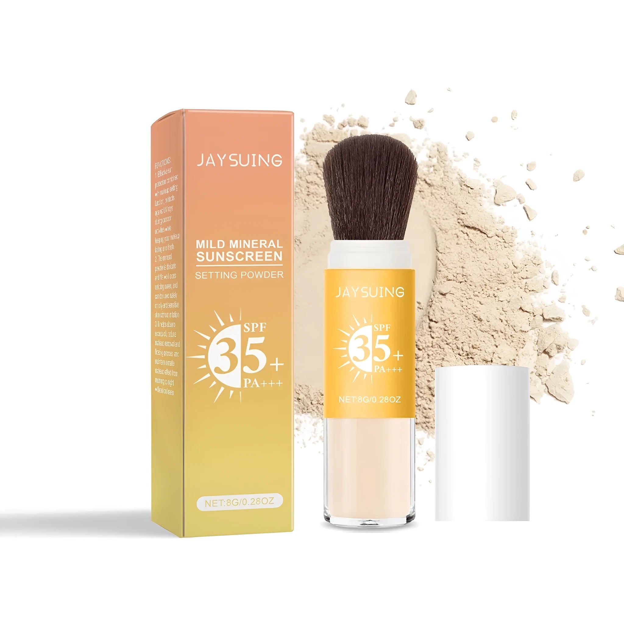 Sunscreen setting powder compact with 8g capacity showing mineral-based formula for makeup setting with SPF protection