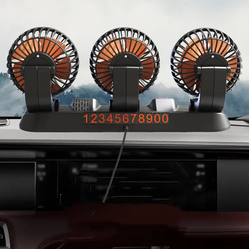 Three head adjustable automotive cooling fan with USB and cigarette lighter plugs on a 1.3m cable