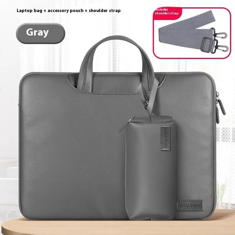 Black PU leather laptop storage bag with built-in power bank for 13-16 inch notebooks