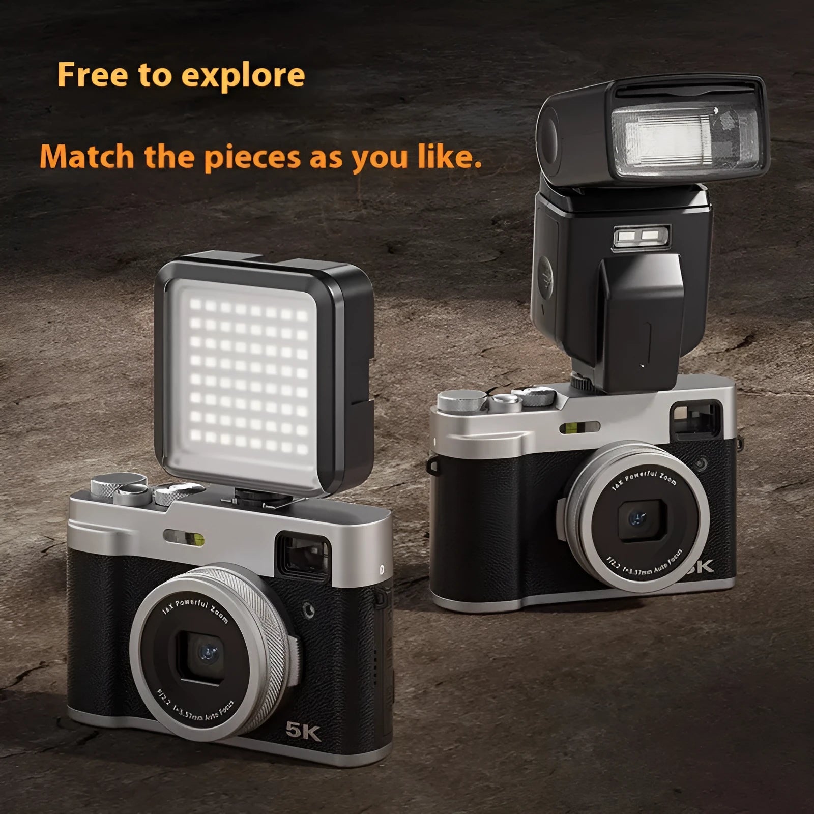 Black and brown 5K digital camera with dual lenses and an optical viewfinder on a 2.88-inch screen.