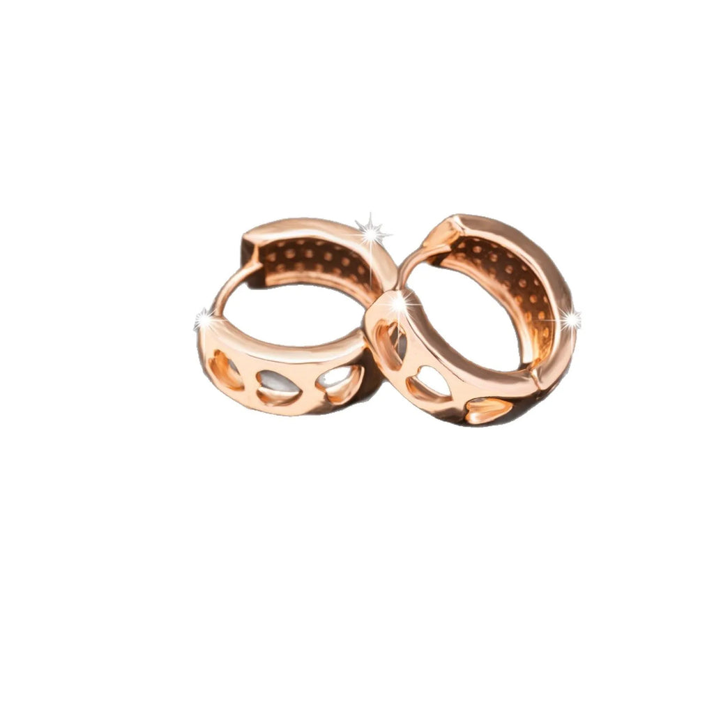 Rose gold women's earrings with three hollowed heart charms on a circular setting.