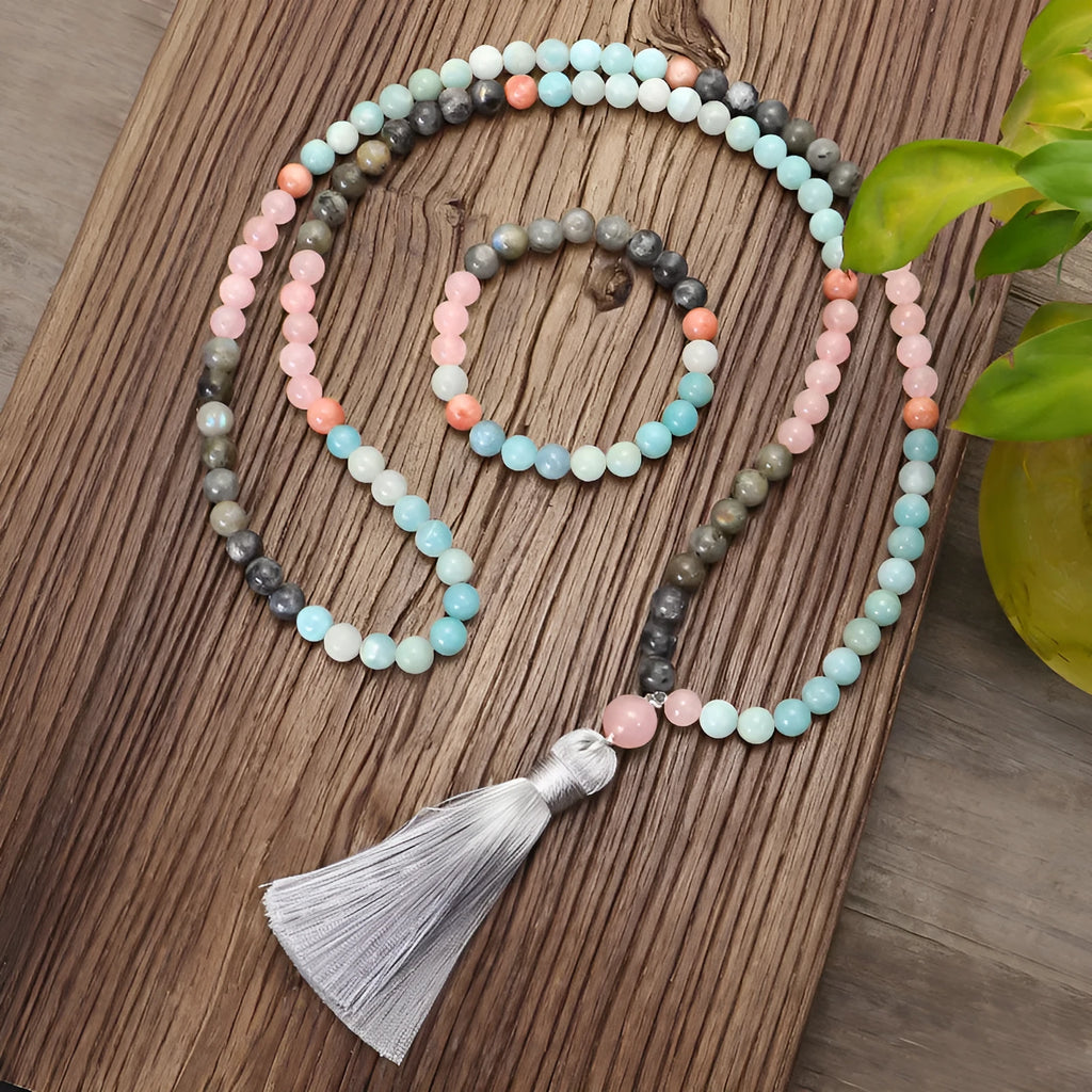 Bohemian stone necklace and bracelet set with colourful tassel pendant
