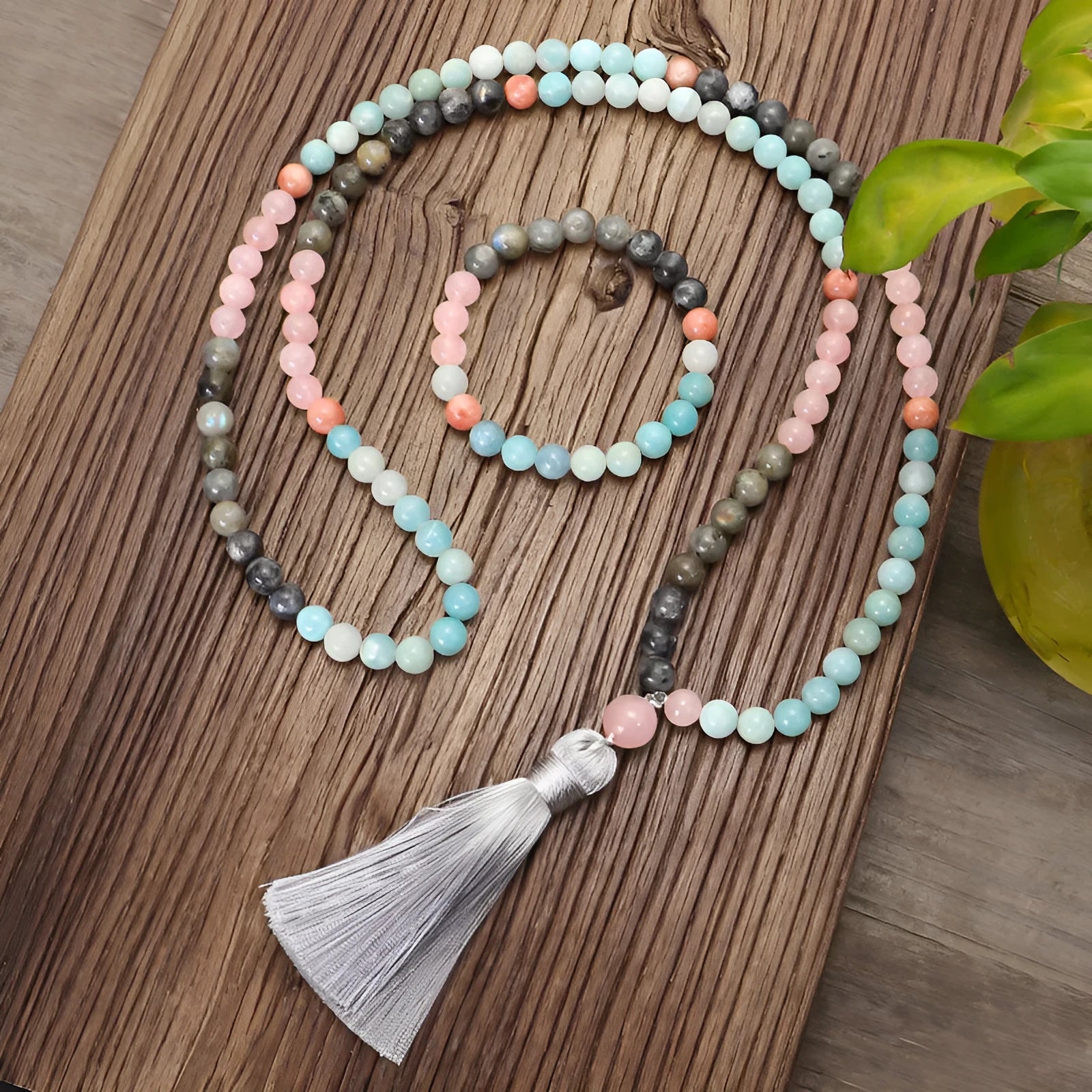 Bohemian stone necklace and bracelet set with colourful tassel pendant