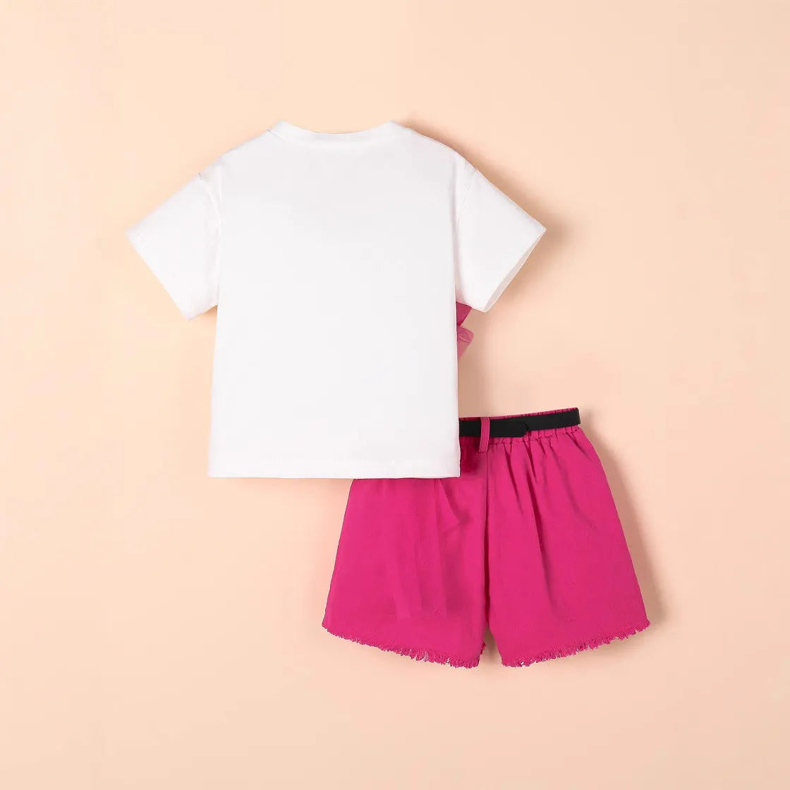 Rose red children's short-sleeved t-shirt, denim shorts, and belt set for girls ages 4Y to 7Y