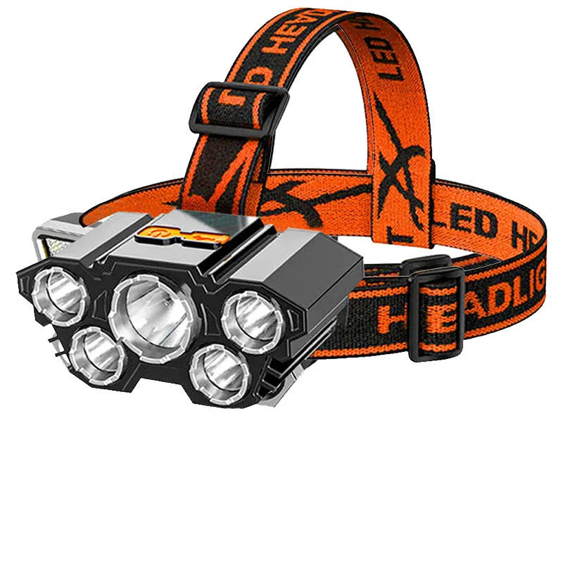 Black PVC head-mounted LED miner's lamp with adjustable strap and 10W long-range beam.