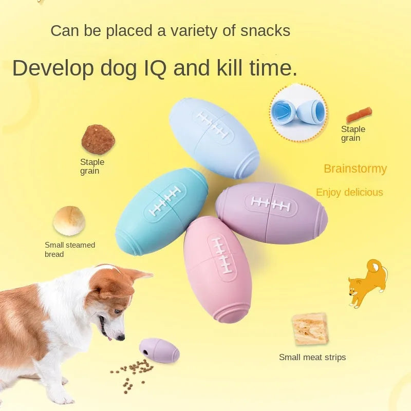 Blue silicone rugby ball dog chew toy with multiple small food leak holes on a white background.