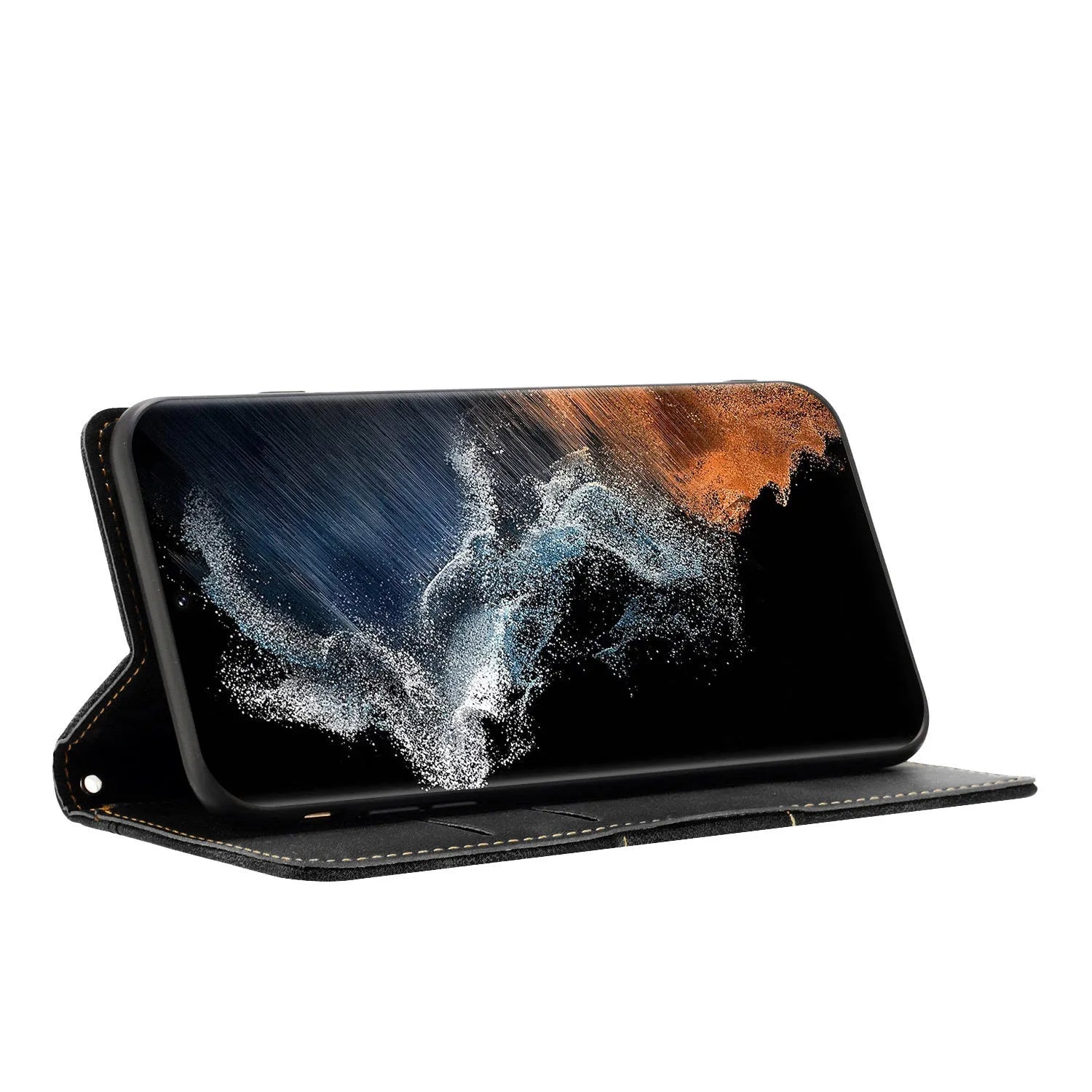 PU leather phone case with multi-card insert and bracket for Samsung A14 in black