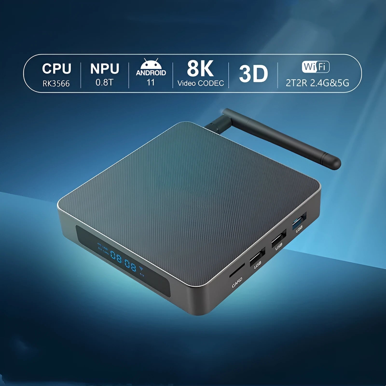Android set-top box with 8K output showing front panel and connectivity ports