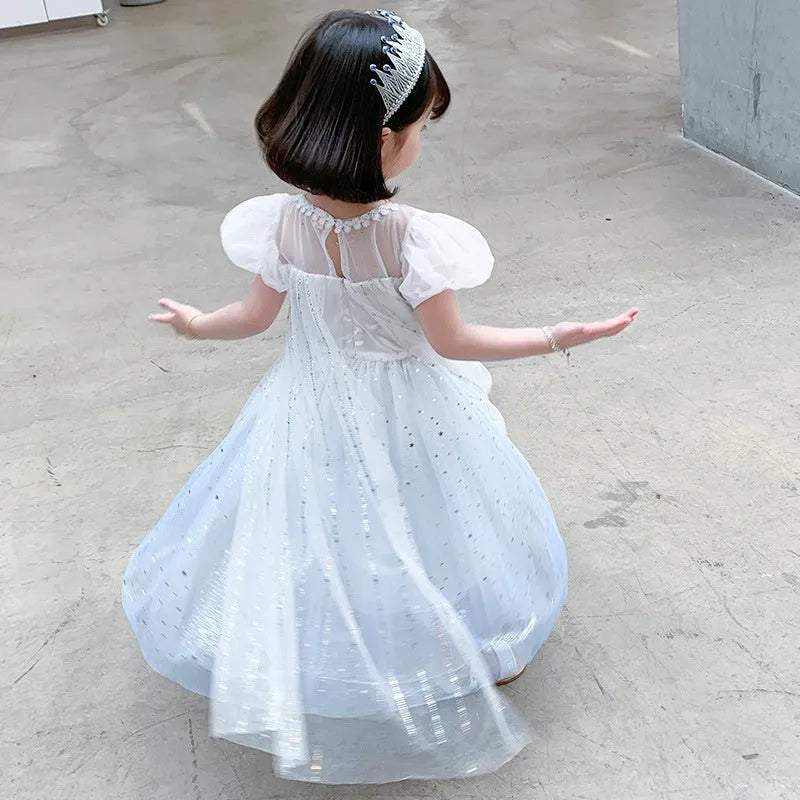 Girls Princess Elsa dress in cotton with short sleeves and A-line skirt, available in gradient blue and silver cloak colour options