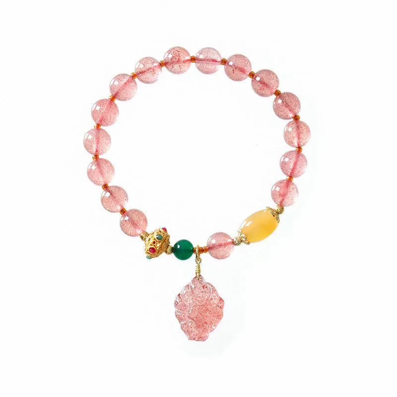 Women's strawberry quartz crystal bracelet with Nine Tail Fox beaded design