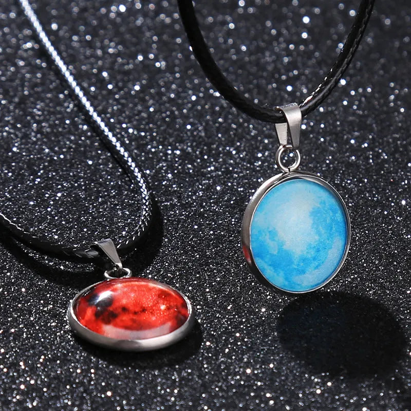 Time Stone Christmas Moon Night Sky pendant necklace with organic glass and luminous alloy on extension chain