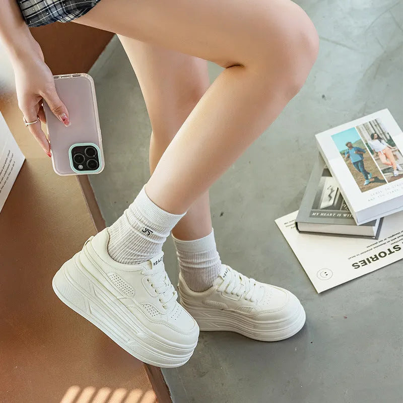 Women's beige platform casual shoes lace-up round toe low top with 6-8cm high heel