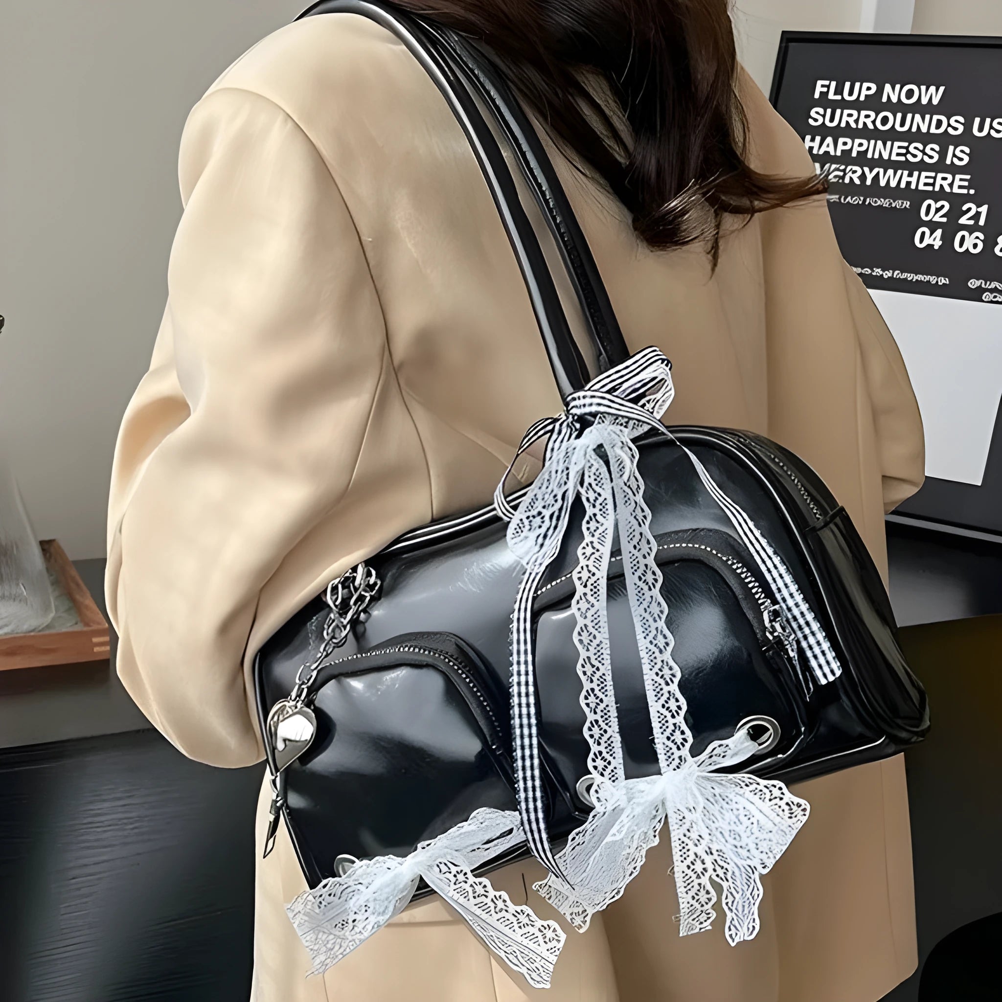 Large capacity PU shoulder bag in beige with crossbody straps and mobile phone pocket