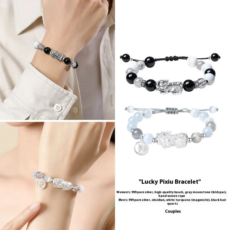 Sterling silver couple bracelet with hand-woven leather band and tassel decorations in national fashion style