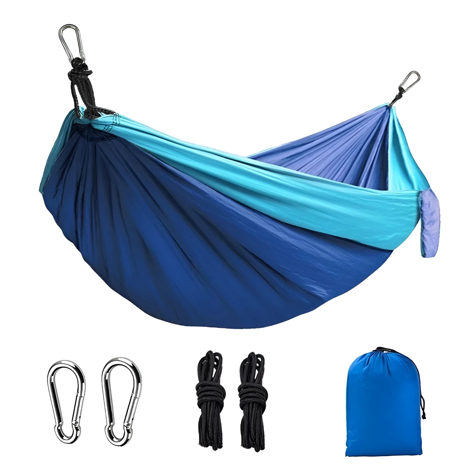 Blue nylon parachute cloth outdoor hammock hung between trees, showing its length and width.