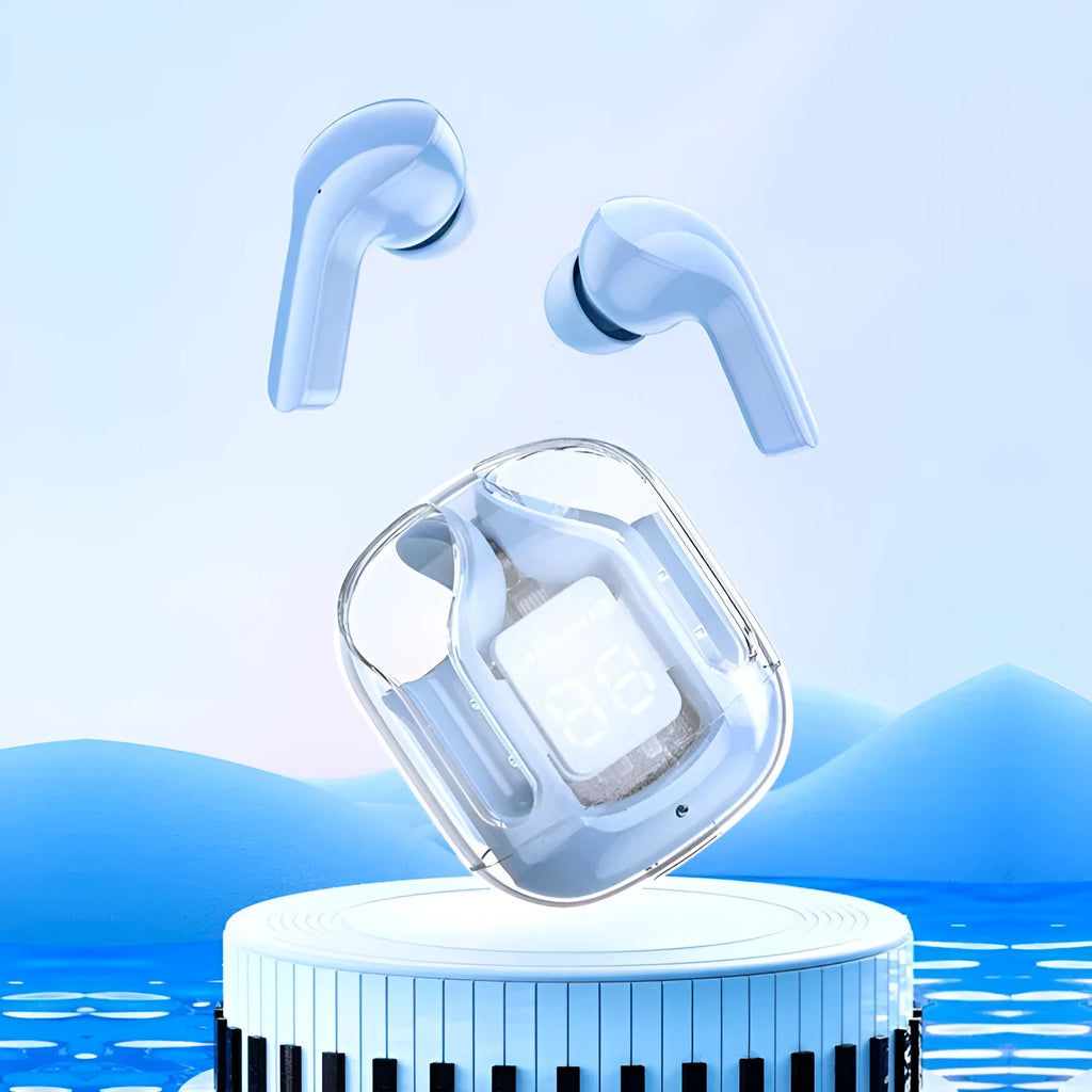 Transparent case true wireless Bluetooth earphones in light blue with digital display screen.