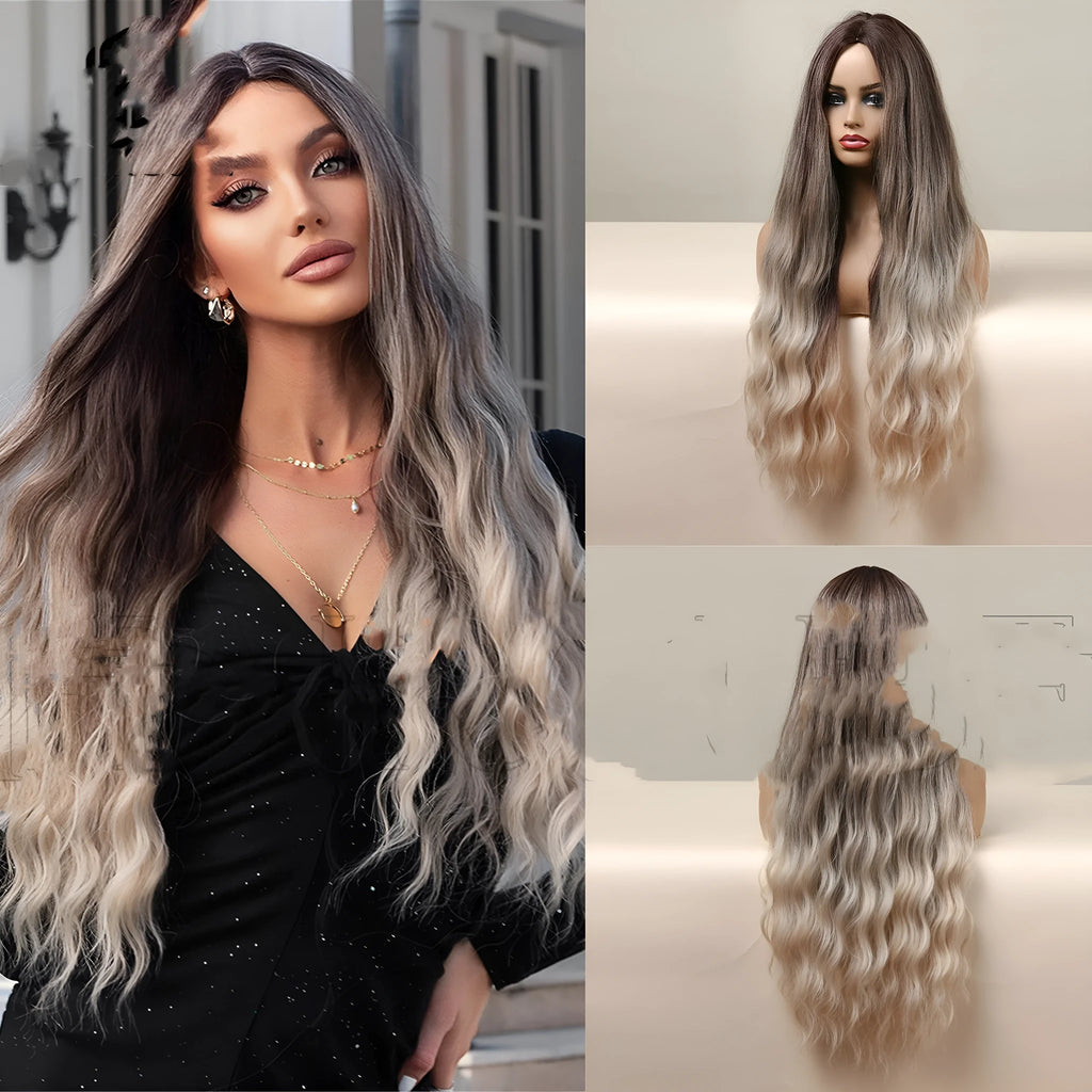 Medium brown gradient blonde women's long curly hair wig 75cm length with medium bangs