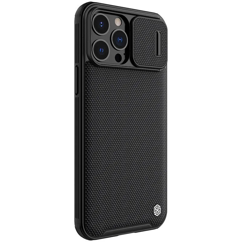 Black textured back cover protective phone case for Apple iPhone 13 Pro Max on a table.