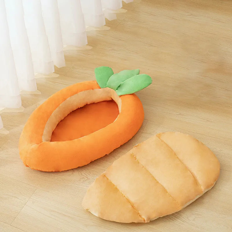 Carrot-shaped nesting dog bed with a soft blanket for small to medium-sized dogs.