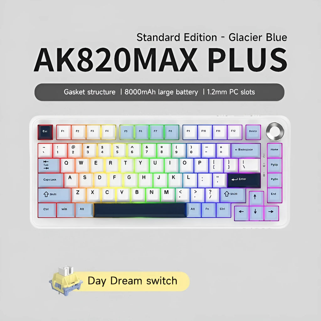 Black, grey and yellow three-mode mechanical keyboard with compact 75% layout showing included accessories
