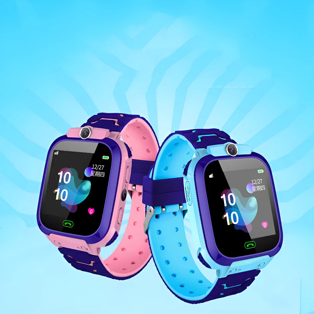 Children's phone watch with touch screen and camera in blue on child's wrist