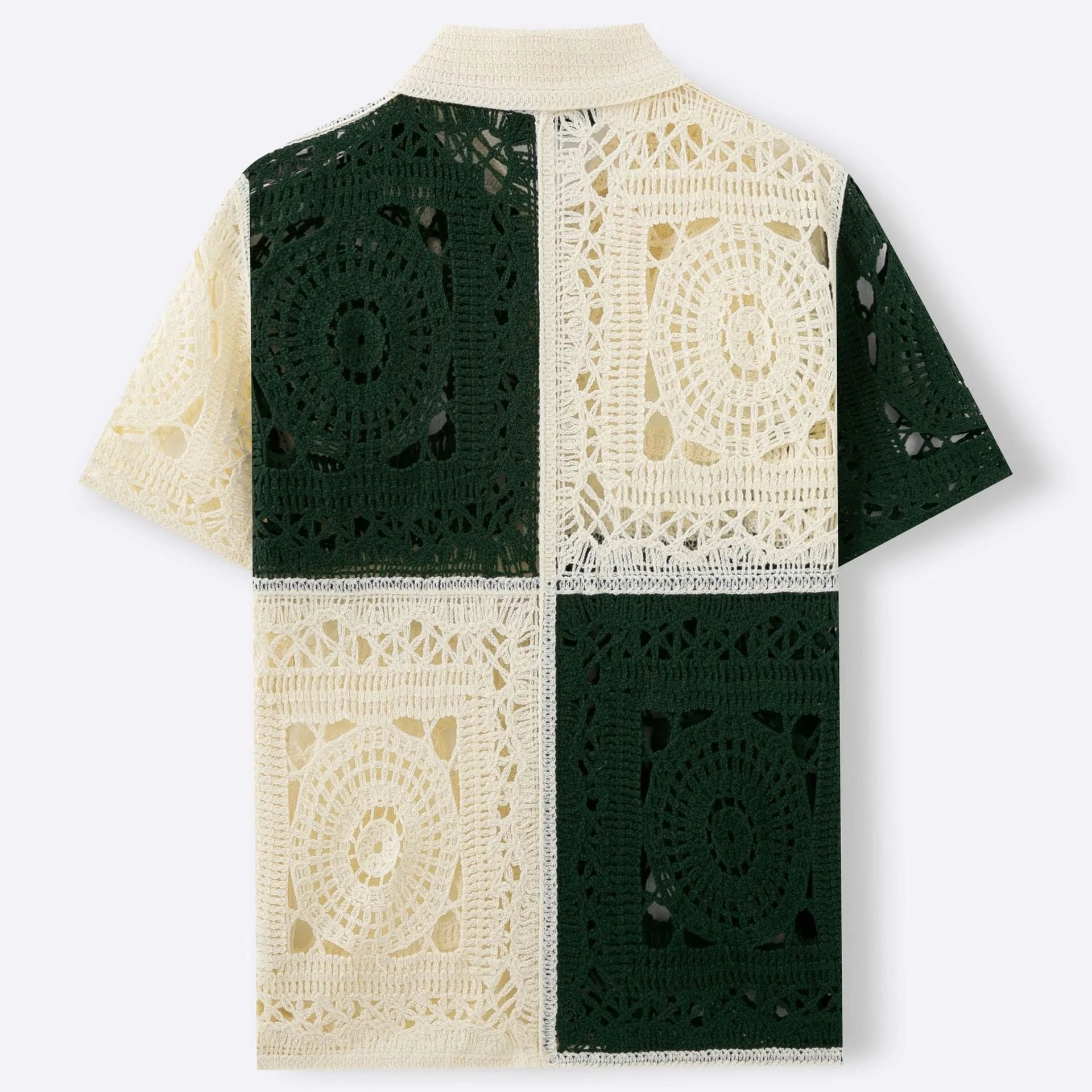 Beige colourblock men's knitted shirt with short sleeves on hanger
