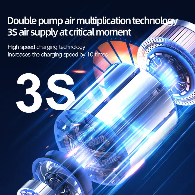 Black wireless portable car air pump with digital display, 6000mAh battery, and accessories including hose and conversion heads