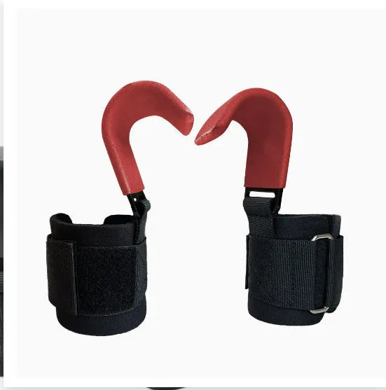 Black fitness wrist brace pair with metal hook for pull-up bar attachment