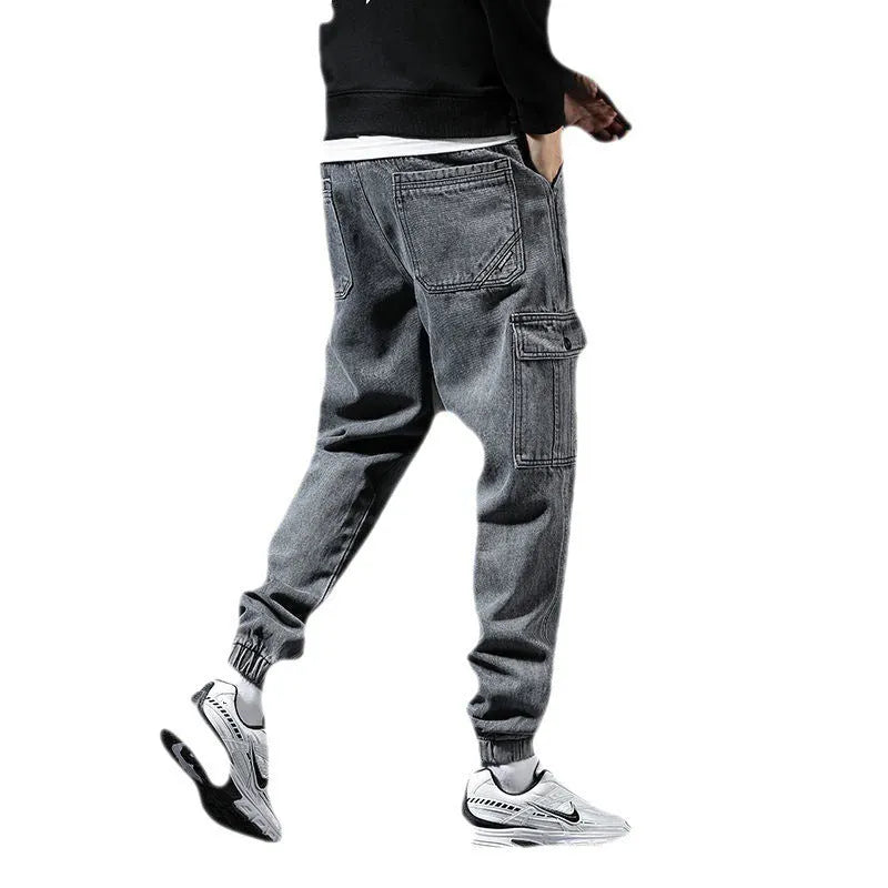 Japanese-style multi-pocket cotton workwear jeans for men in blue, black, and gray, sizes M to 5XL