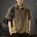 Brown men's half-zipped stand collar short-sleeved shirt on a hanger, showing fleece lining.