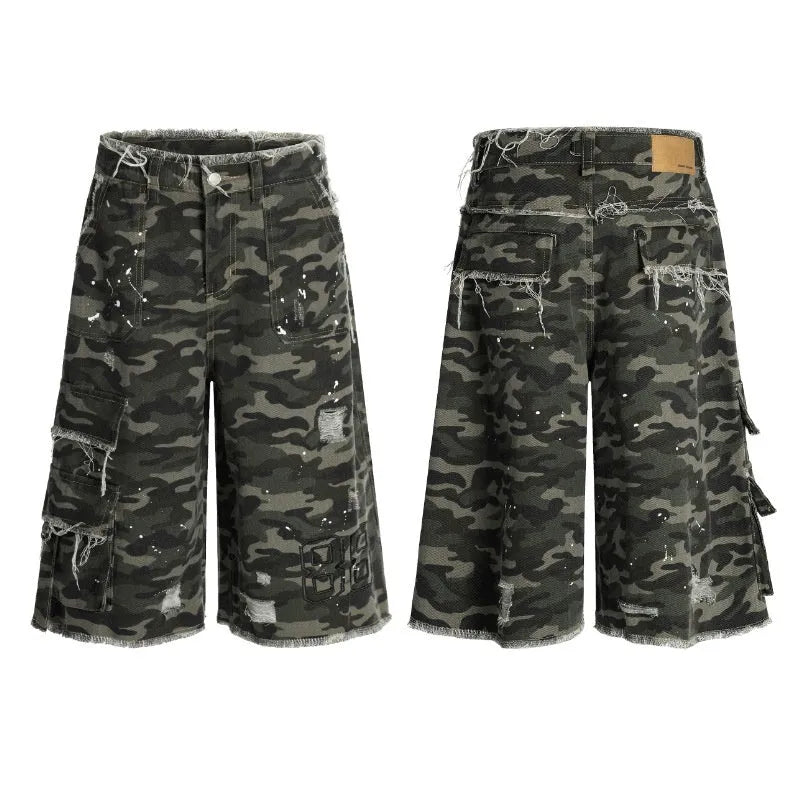 Camouflage casual shorts with wide leg, cotton main fabric, and summer shorts length in sizes S to 2XL