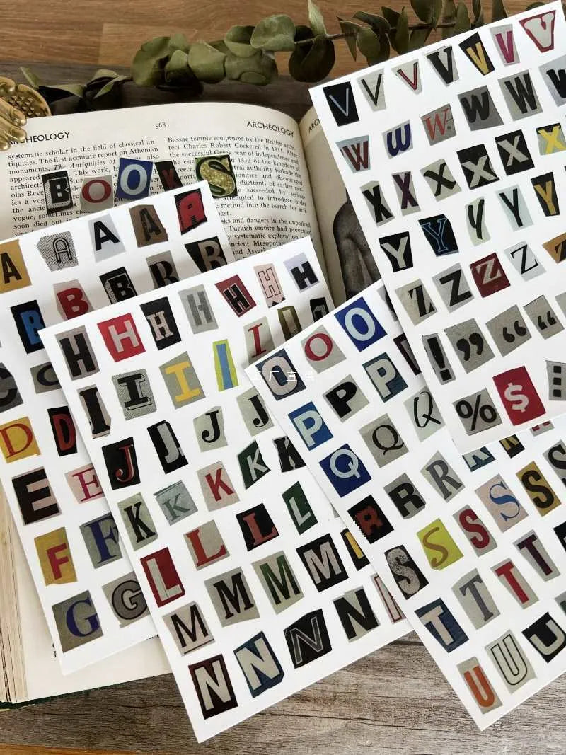 Set of cute style decorative stickers showing English letters, numbers, symbols, and weekly words.