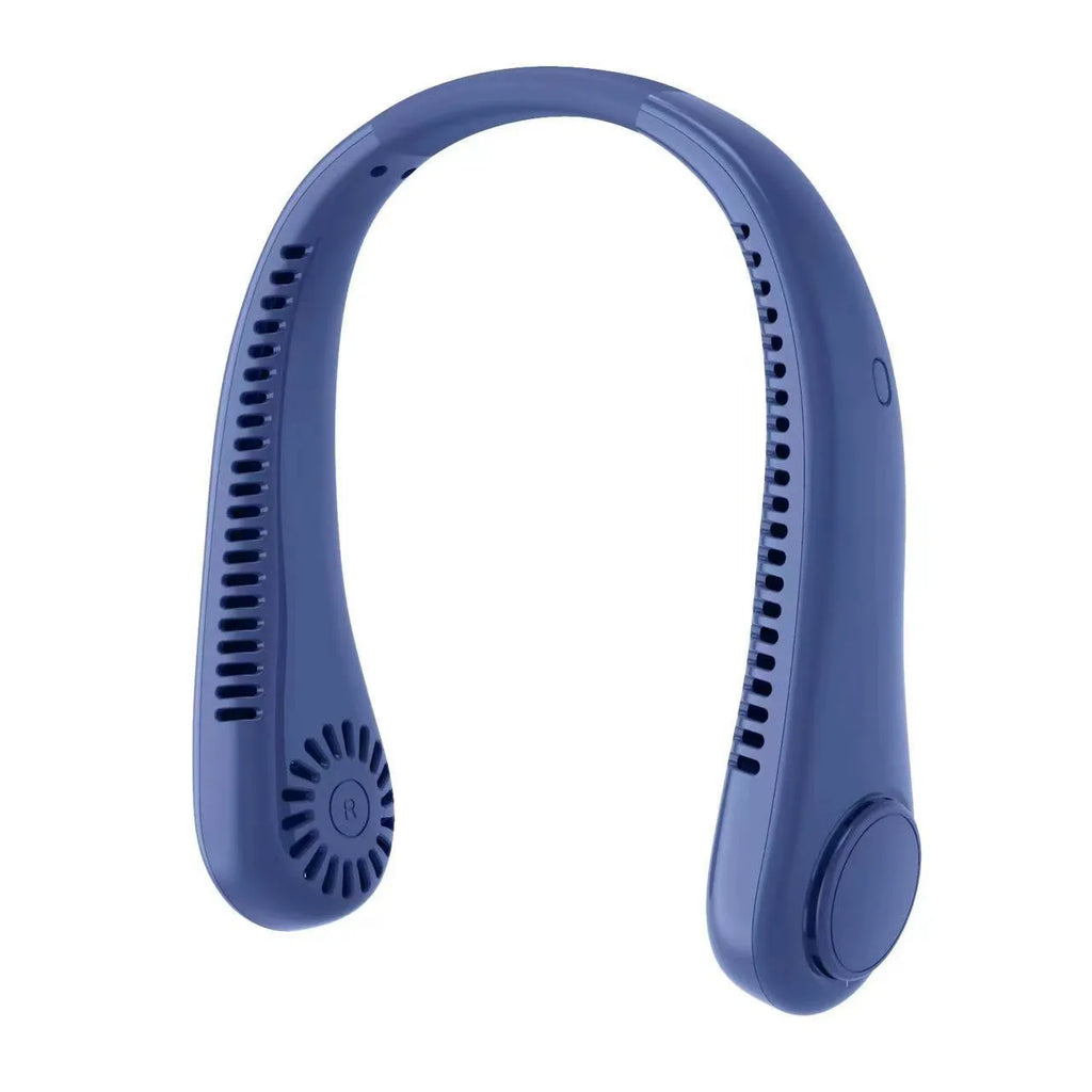 White bladeless neck fan hanging around neck showing hands-free portable cooling design