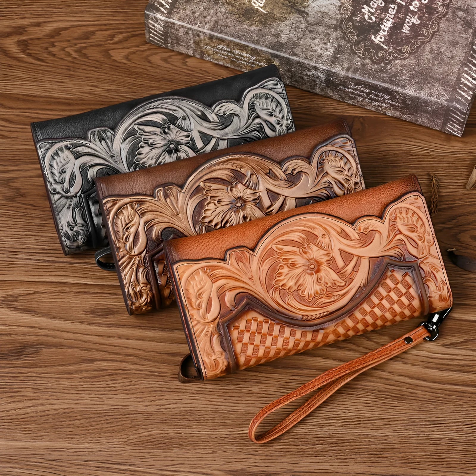Retro brown Chinese floral embossed tri-fold women's leather wallet open to show compartments.