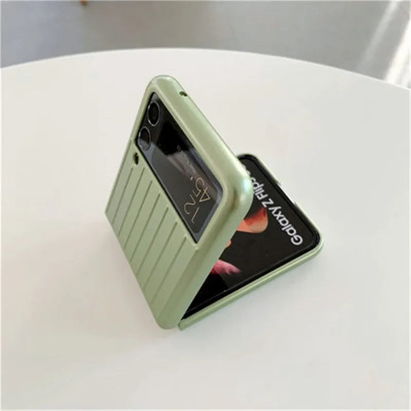 Samsung Z Flip3 flip phone case in black, red, pink, silver, gold, sky blue, and light green colours, showing front and back.