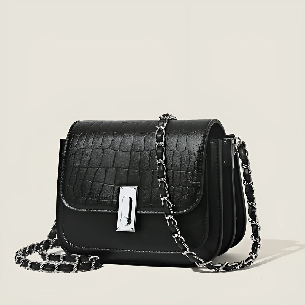 Black soft PU leather women's square shoulder bag with a silver chain strap