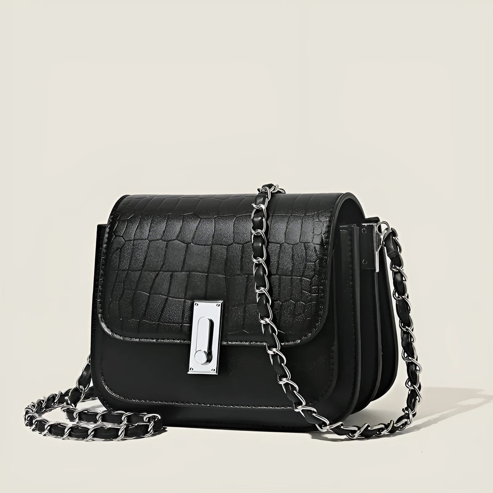 Black soft PU leather women's square shoulder bag with a silver chain strap