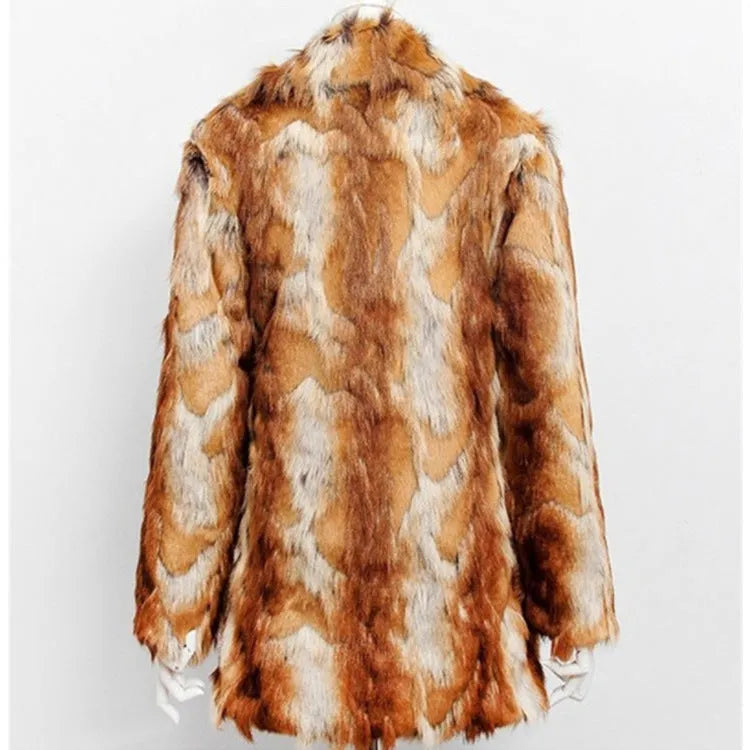 Women's slim fit tiger pattern faux fur jacket with long sleeves on a mannequin.