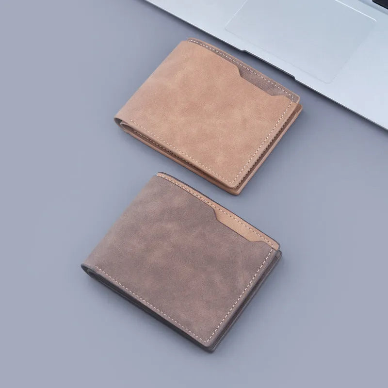 Men's ultra-light pu short wallet two fold half fold frosted finish contrast colour dark brown light brown