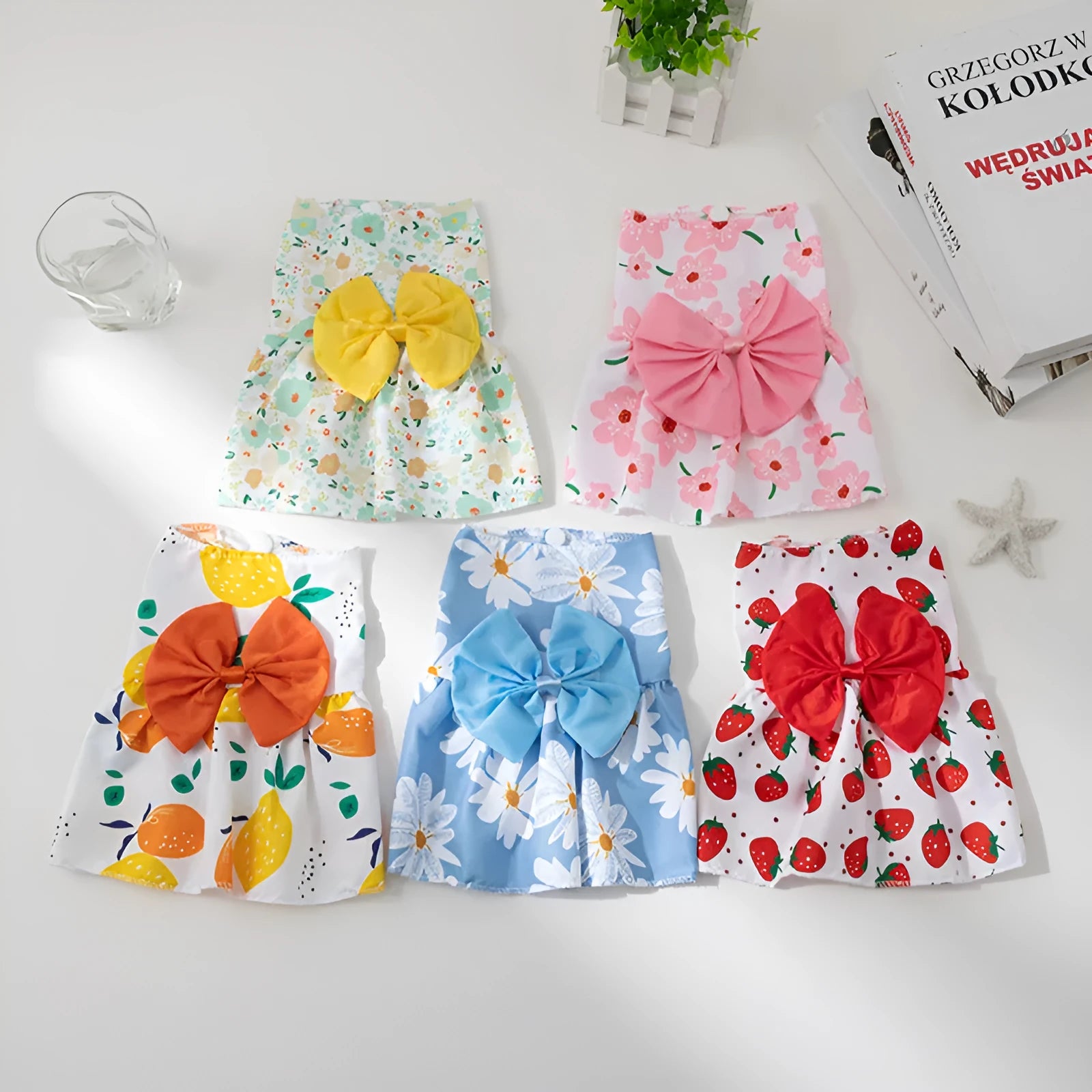 Ultra-thin polyester princess dress for pets with floral butterfly knot design in blue bow colour
