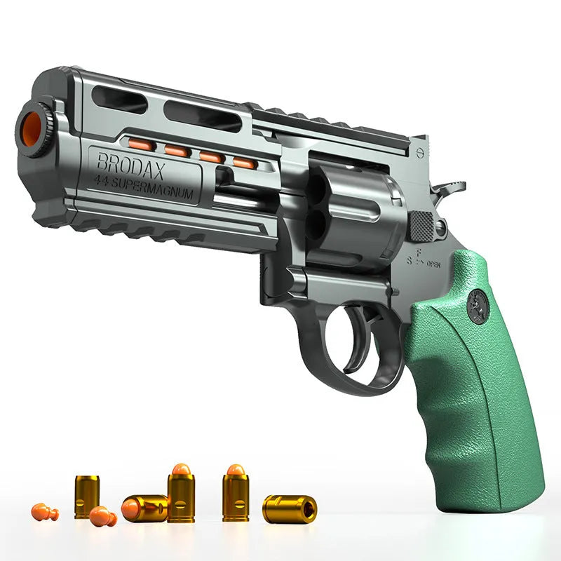 Revolver plastic soft bullet gun in army green colour box with continuous left wheel and 20 soft bullets