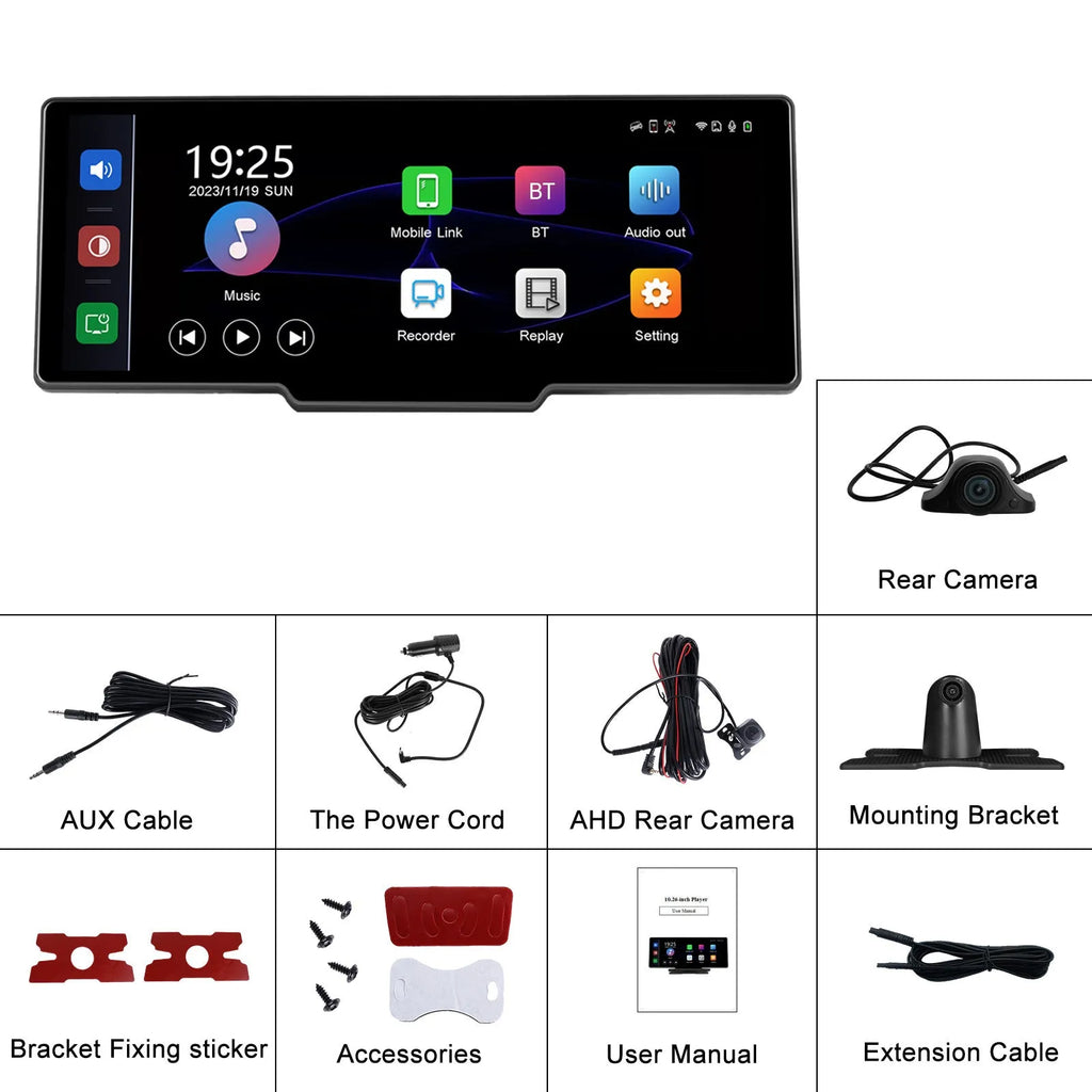 10.26-inch car DVR dashboard camera with rear view camera and smartphone connectivity