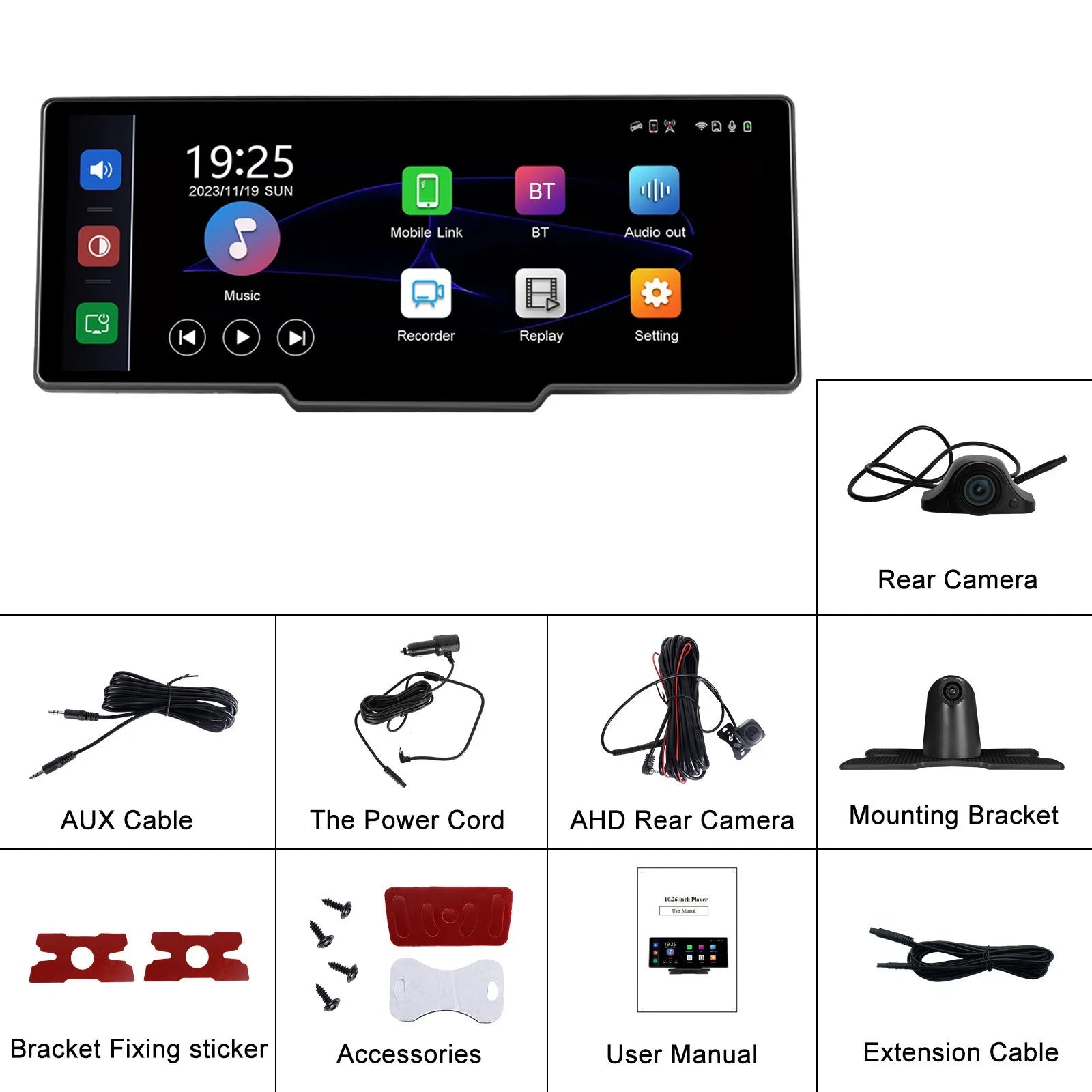 10.26-inch car DVR dashboard camera with rear view camera and smartphone connectivity