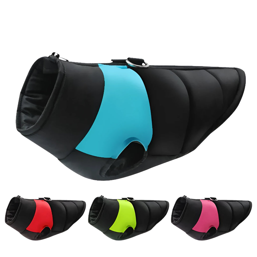 A waterproof padded dog vest jacket with a zip, shown in one of seven available colours.