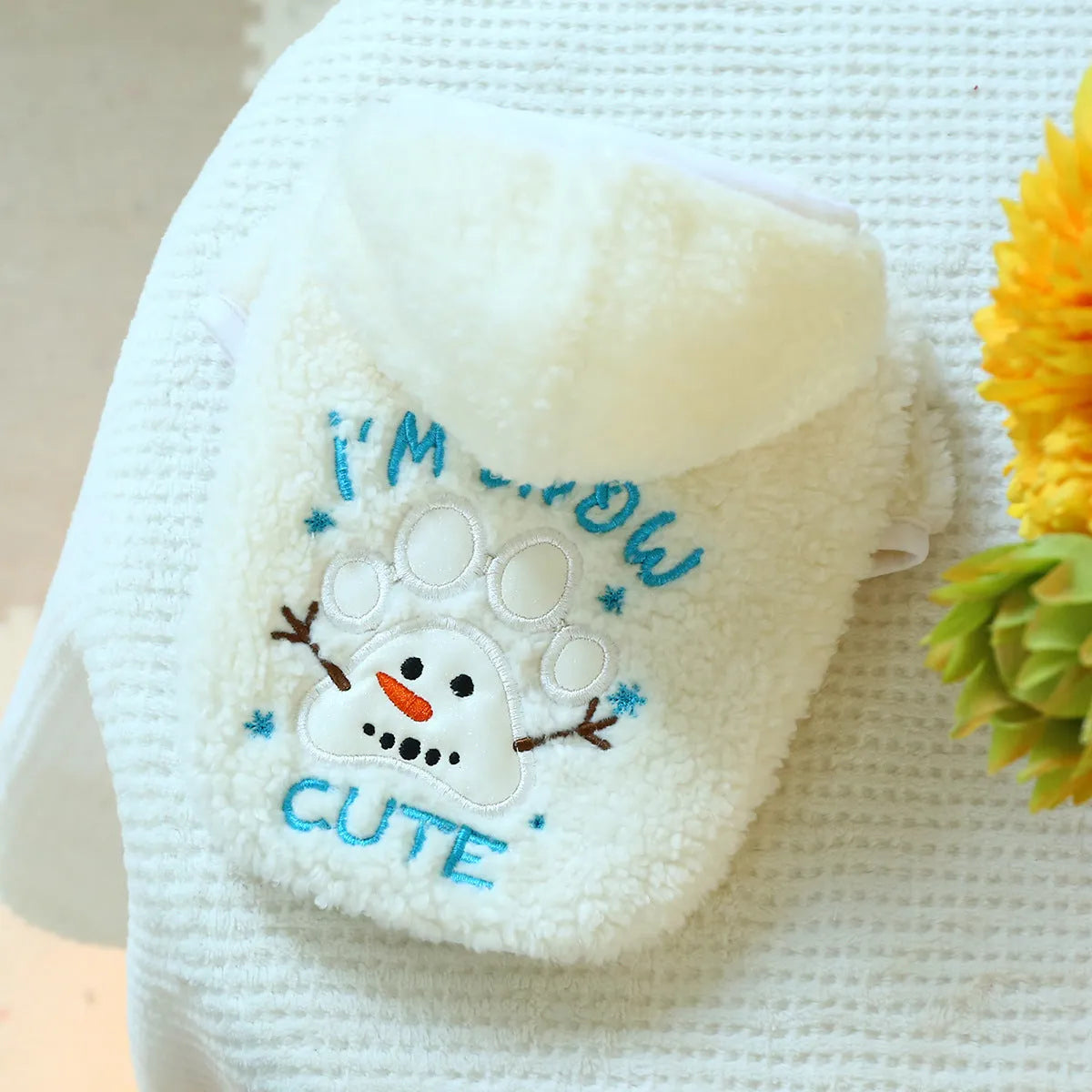 Christmas fluffy pet jacket in sweet mouth snowman design, side view on cat, size M