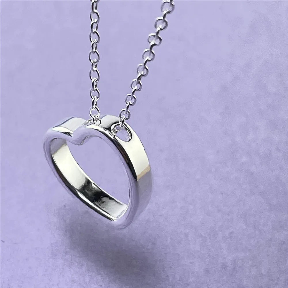 Silver heart pendant necklace for women pure copper plated thick silver 45.5cm chain