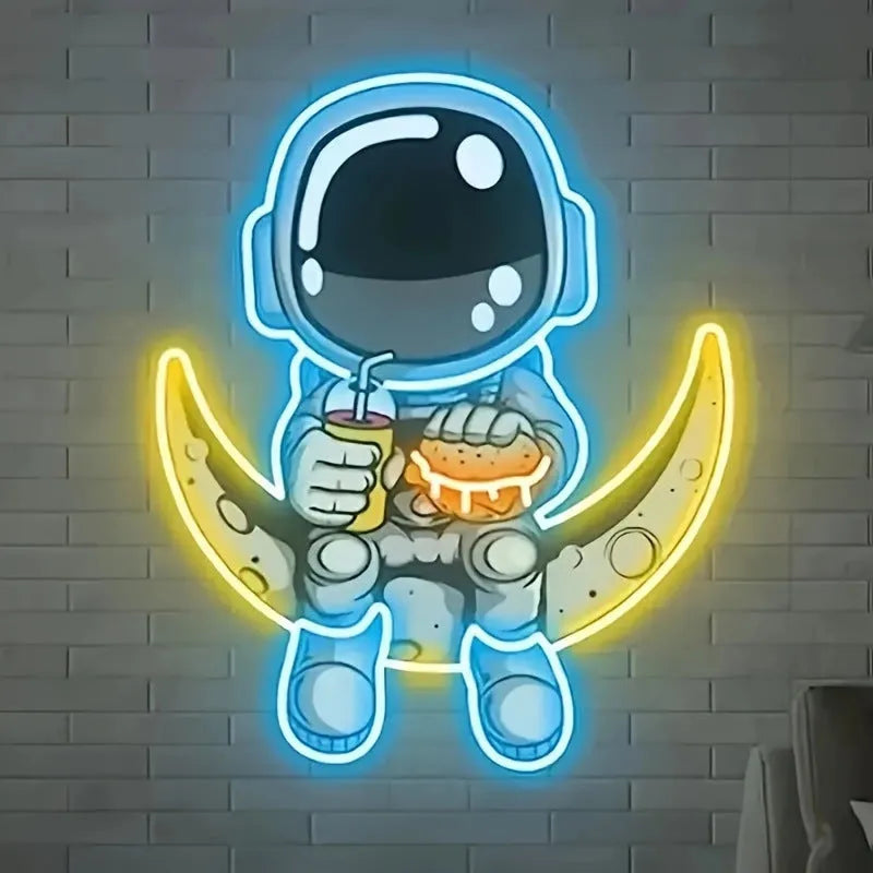 Astronaut design LED neon wall light with USB cable, measuring 30cm by 35cm in blue lemon yellow colour